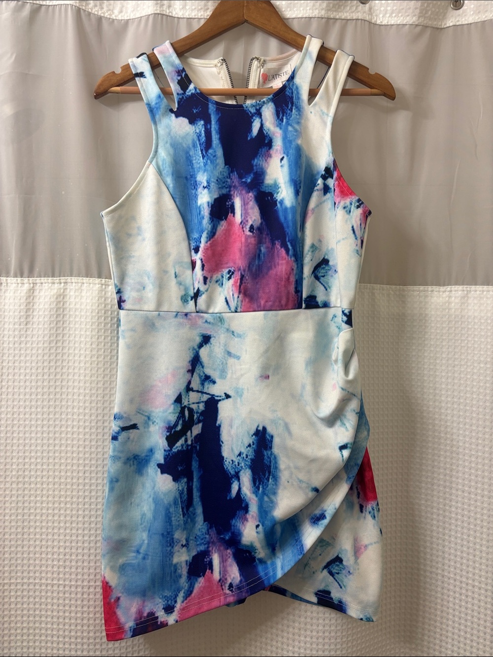 L'ATISTE White Dress with Blue & Pink Abstract Print